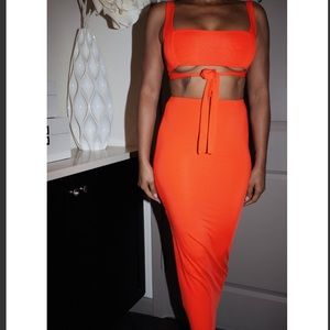 Neon Orange Two Piece Long Skirt Set